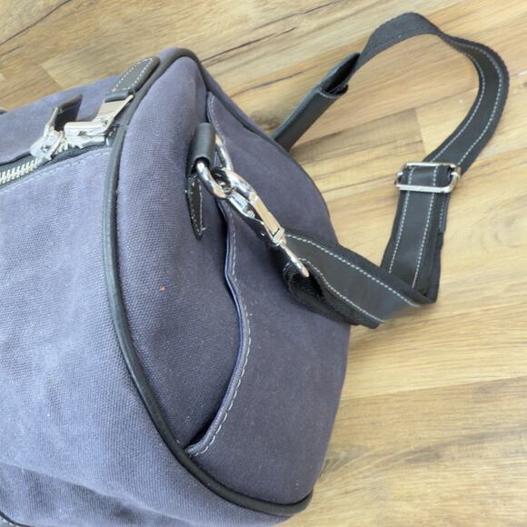 F.H. Wadsworth NYC Blue Matron Fabric Black Leather Trim Zip Duffle Bag Size L - Picture 7 of 10